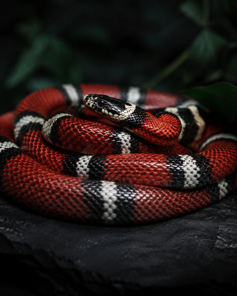 milk snake sitting on a black rock 