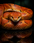 Close-up of a coiled red snake with a dark background