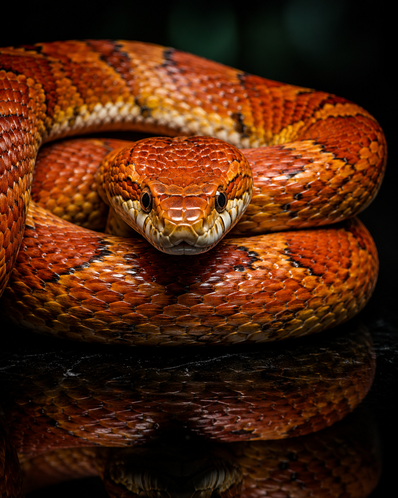 Close-up of a coiled red snake with a dark background
