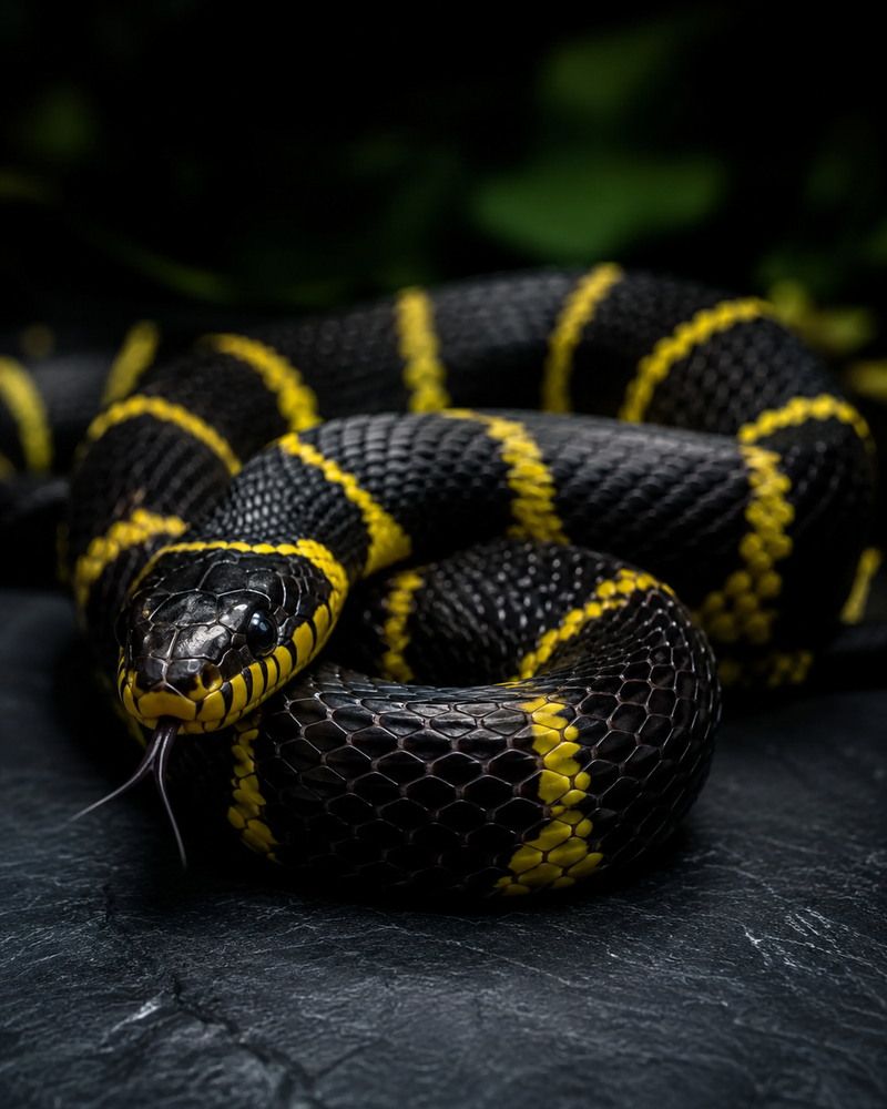 Black snake with yellow markings on a dark surface