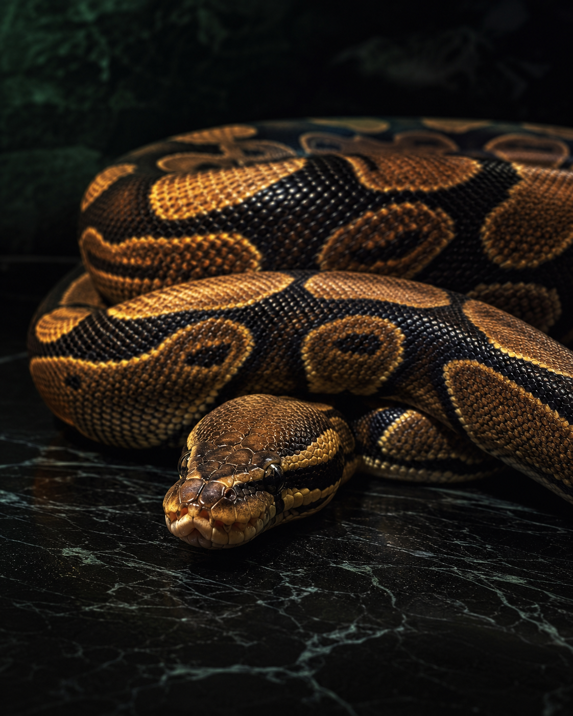 Coiled ball python on a dark surface