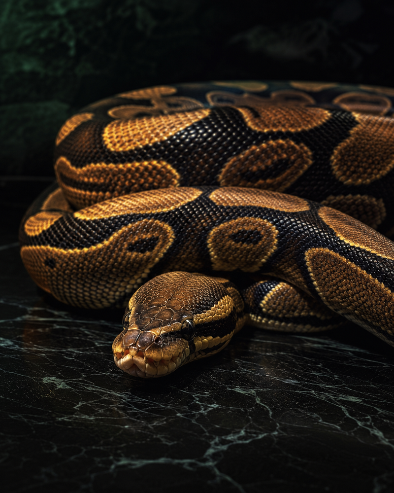 Coiled ball python on a dark surface