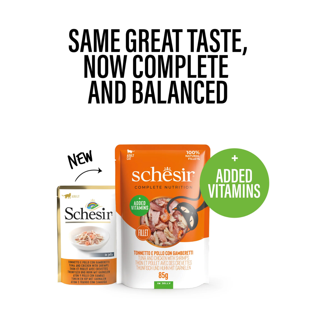 Schesir Complete & Balanced Nutrition Wet Cat Food in Jelly Pouch- Tuna & Chicken With Shrimp