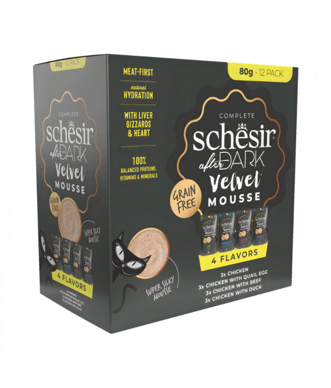 Schesir After Dark Velvet Mousse In Broth Variety Pack For Cat ( x12 Pouch) - 4 Flavors ( 3 Pouch Each Flavor)