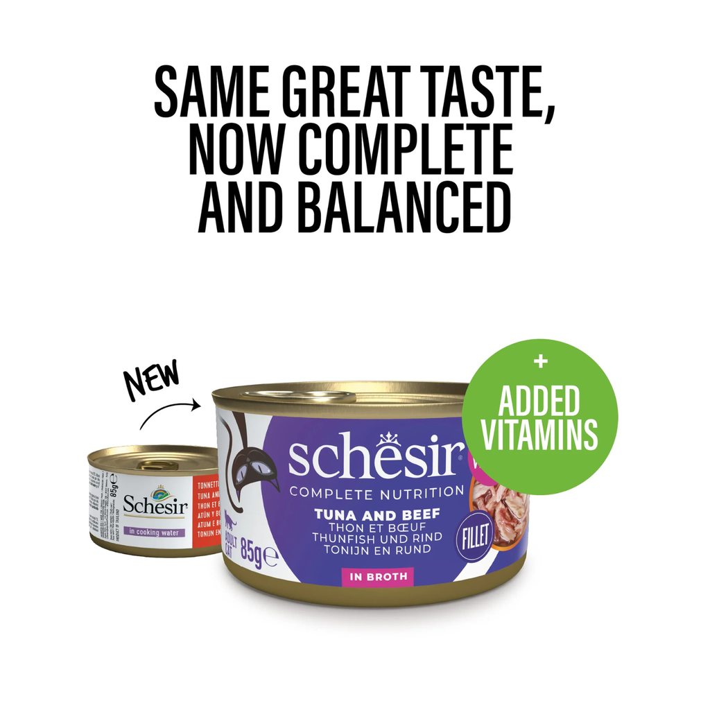 Schesir Complete & Balanced Nutrition Wet Cat Food in Broth Can- Tuna With Beef
